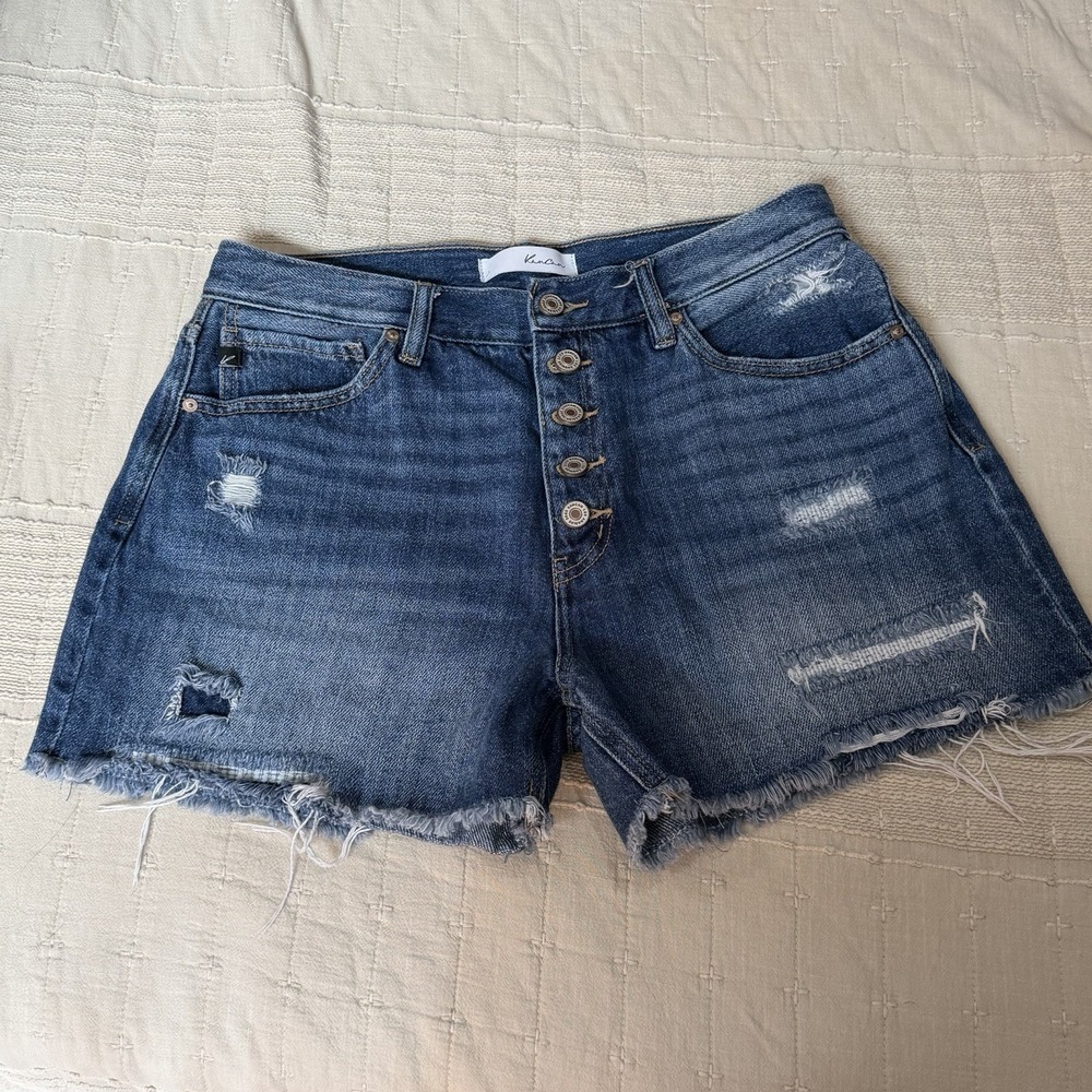 Womens Blue Jeans Shorts Kancan Dark Denim Cut Off High Waist Button Fly Size 29